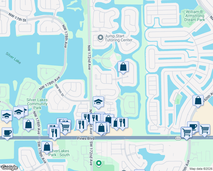 map of restaurants, bars, coffee shops, grocery stores, and more near 17067 Northwest 11th Street in Pembroke Pines