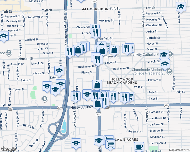 map of restaurants, bars, coffee shops, grocery stores, and more near 516 North 60th Terrace in Hollywood