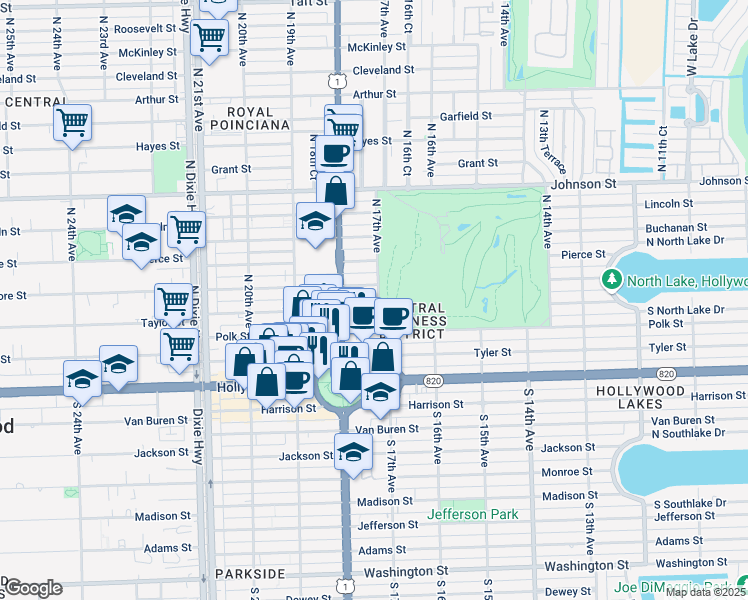 map of restaurants, bars, coffee shops, grocery stores, and more near 1713 Taylor Street in Hollywood