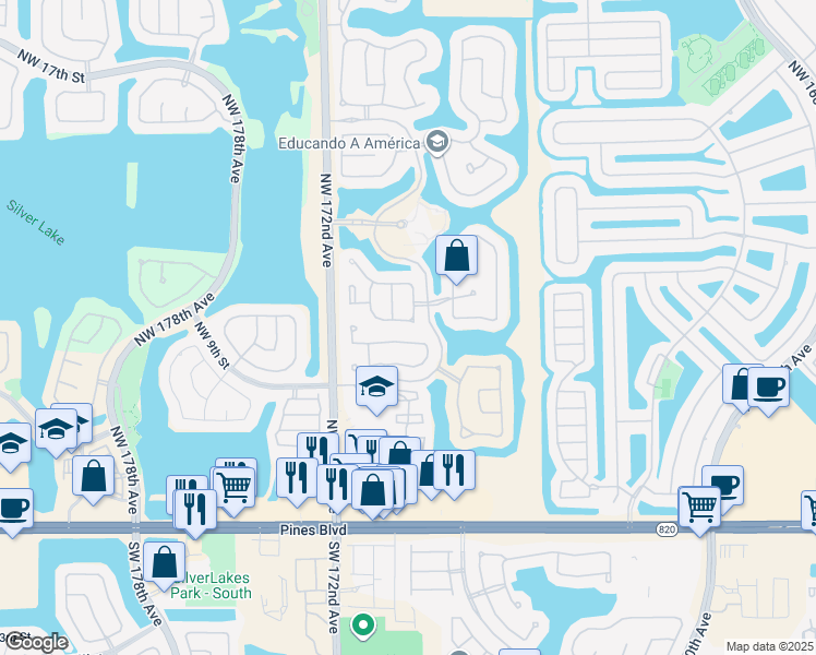 map of restaurants, bars, coffee shops, grocery stores, and more near 17022 Northwest 12th Street in Pembroke Pines