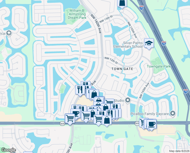 map of restaurants, bars, coffee shops, grocery stores, and more near 1039 Northwest 161st Avenue in Pembroke Pines