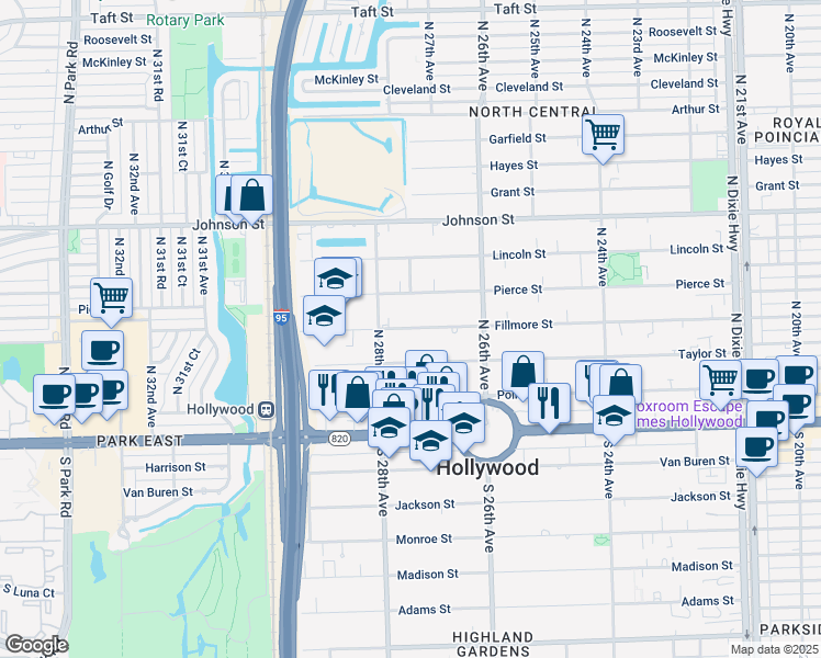map of restaurants, bars, coffee shops, grocery stores, and more near 2706 Fillmore Street in Hollywood