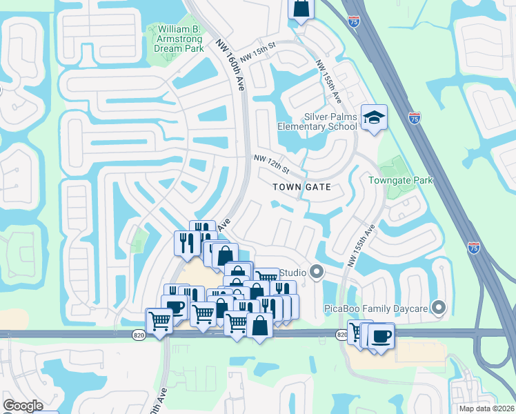 map of restaurants, bars, coffee shops, grocery stores, and more near 646 Northwest 159th Avenue in Pembroke Pines