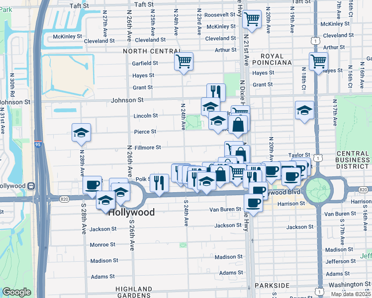 map of restaurants, bars, coffee shops, grocery stores, and more near 2332 Fillmore Street in Hollywood