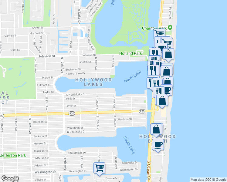map of restaurants, bars, coffee shops, grocery stores, and more near 900 South Northlake Drive in Hollywood