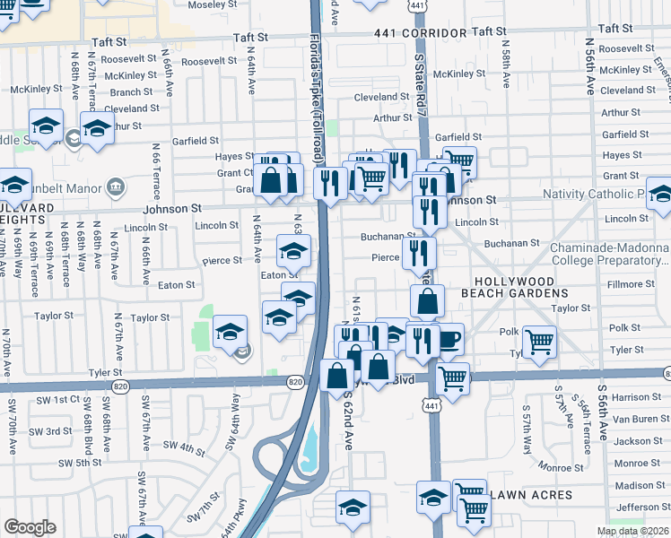 map of restaurants, bars, coffee shops, grocery stores, and more near 6203 Eaton Street in Hollywood