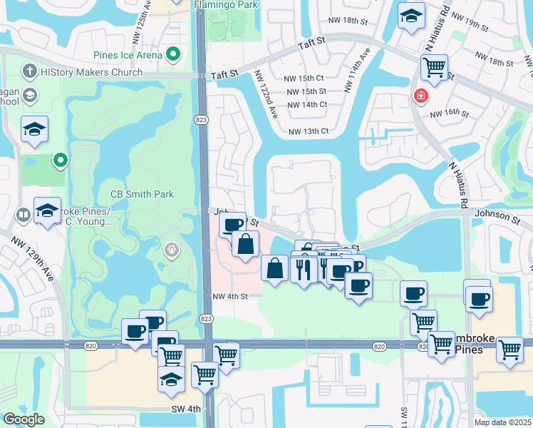 map of restaurants, bars, coffee shops, grocery stores, and more near 12078 Northwest 11th Street in Pembroke Pines