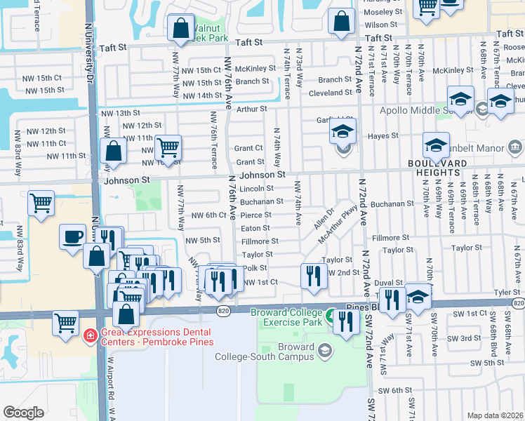 map of restaurants, bars, coffee shops, grocery stores, and more near 591 North 75th Avenue in Hollywood