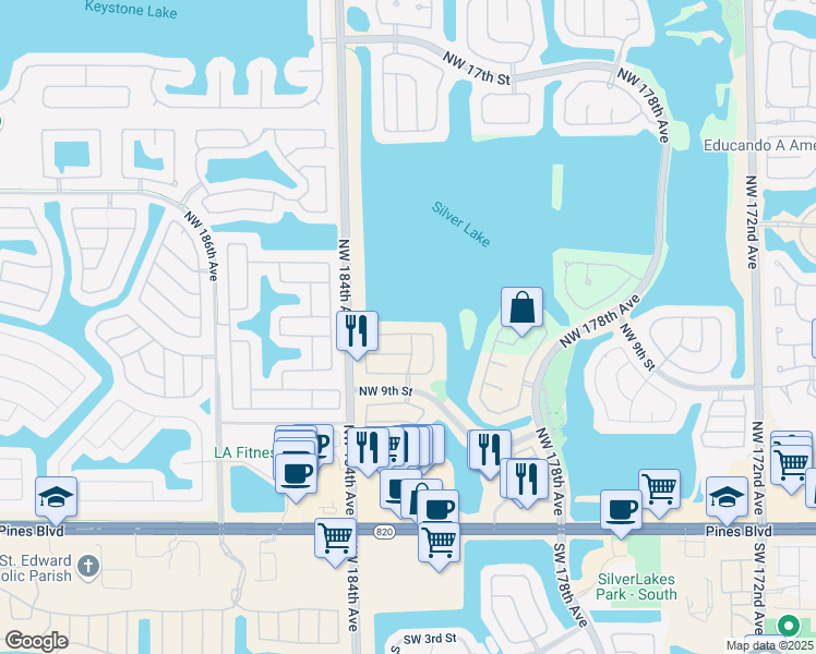 map of restaurants, bars, coffee shops, grocery stores, and more near 18334 Northwest 12th Street in Pembroke Pines