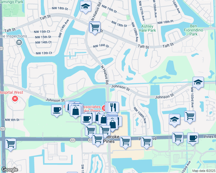map of restaurants, bars, coffee shops, grocery stores, and more near Johnson St & N Hiatus Rd in Pembroke Pines