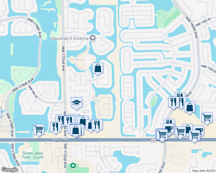 map of restaurants, bars, coffee shops, grocery stores, and more near 16702 Northwest 12th Street in Pembroke Pines