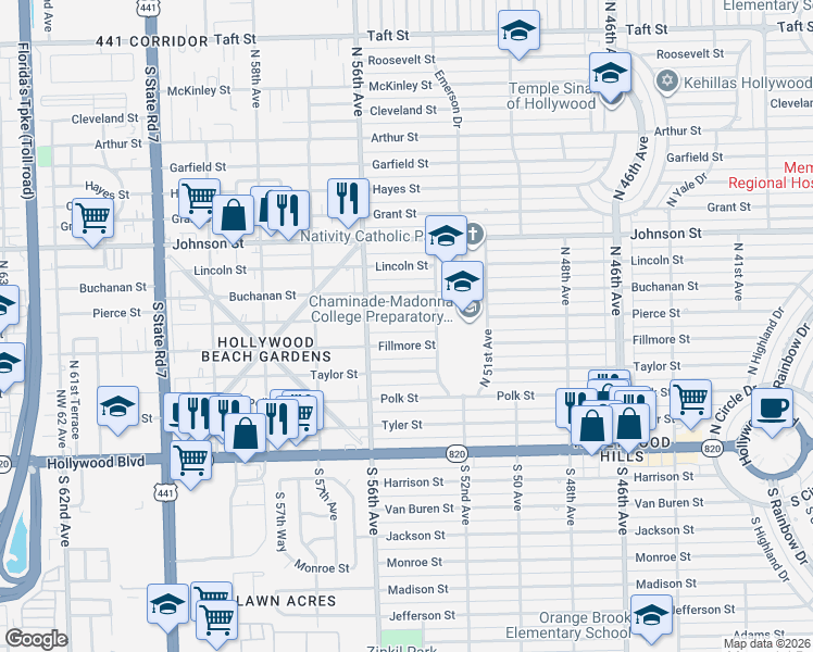 map of restaurants, bars, coffee shops, grocery stores, and more near 5401 Fillmore Street in Hollywood