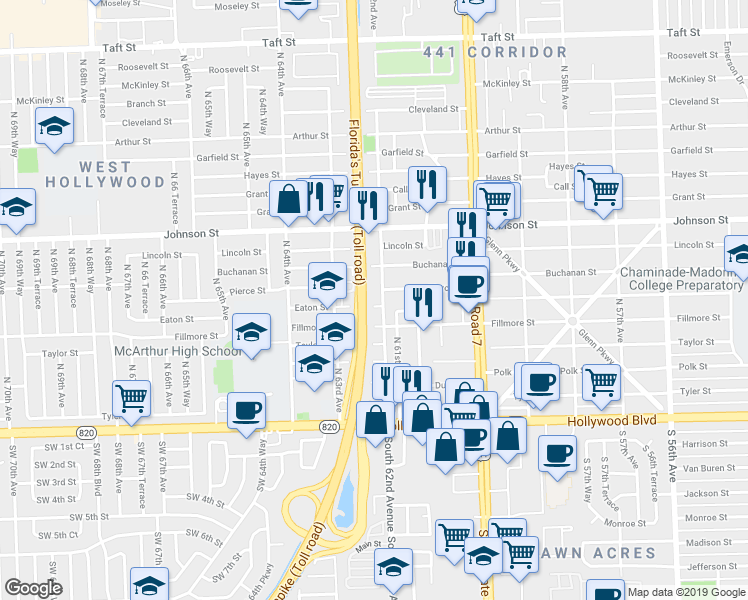 map of restaurants, bars, coffee shops, grocery stores, and more near 6209 Eaton Street in Hollywood