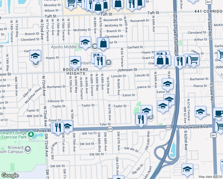 map of restaurants, bars, coffee shops, grocery stores, and more near 550 North 67th Avenue in Hollywood