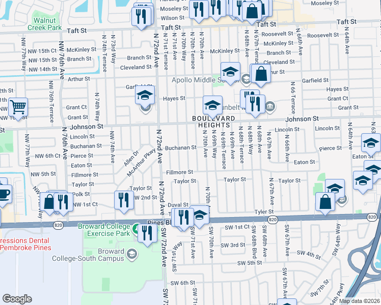 map of restaurants, bars, coffee shops, grocery stores, and more near 610 North 70th Terrace in Hollywood