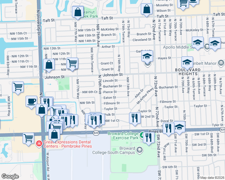 map of restaurants, bars, coffee shops, grocery stores, and more near 591 North 75th Avenue in Hollywood