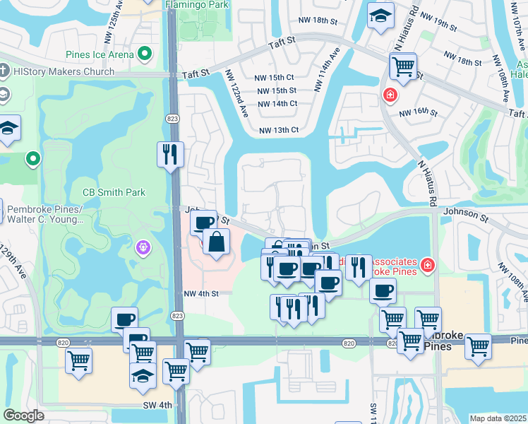 map of restaurants, bars, coffee shops, grocery stores, and more near 12008 Northwest 11th Street in Pembroke Pines