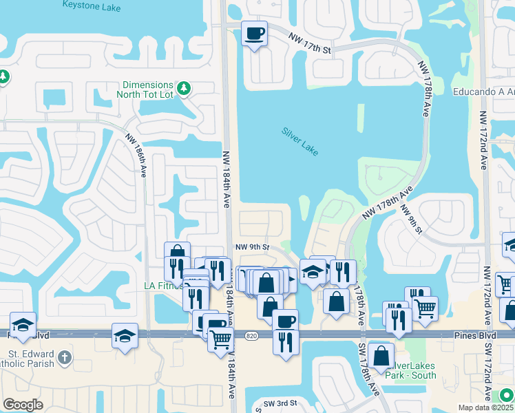 map of restaurants, bars, coffee shops, grocery stores, and more near 18334 Northwest 12th Street in Pembroke Pines