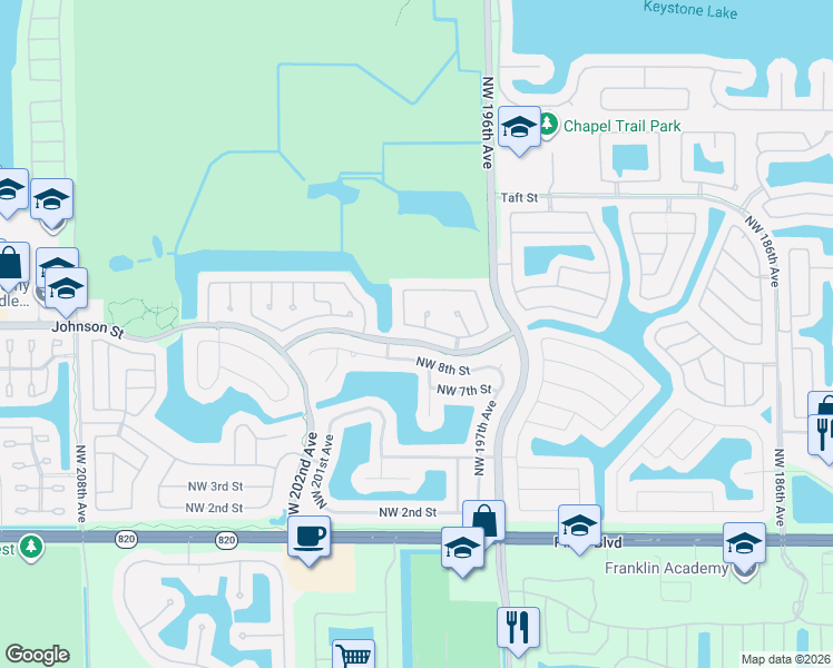 map of restaurants, bars, coffee shops, grocery stores, and more near 19920 Northwest 9th Drive in Pembroke Pines