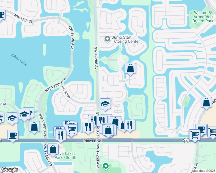 map of restaurants, bars, coffee shops, grocery stores, and more near 17067 Northwest 11th Street in Pembroke Pines