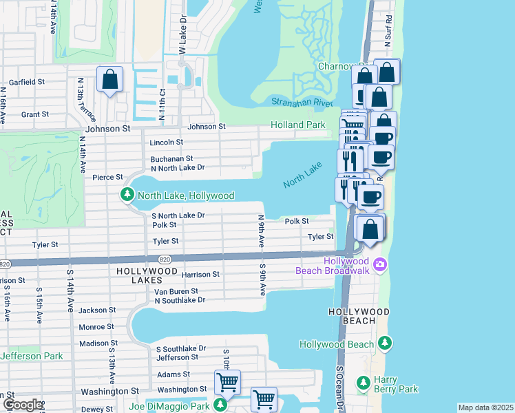 map of restaurants, bars, coffee shops, grocery stores, and more near 900 S North Lake Dr in Hollywood
