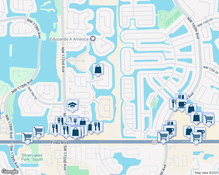map of restaurants, bars, coffee shops, grocery stores, and more near 16702 Northwest 12th Street in Pembroke Pines