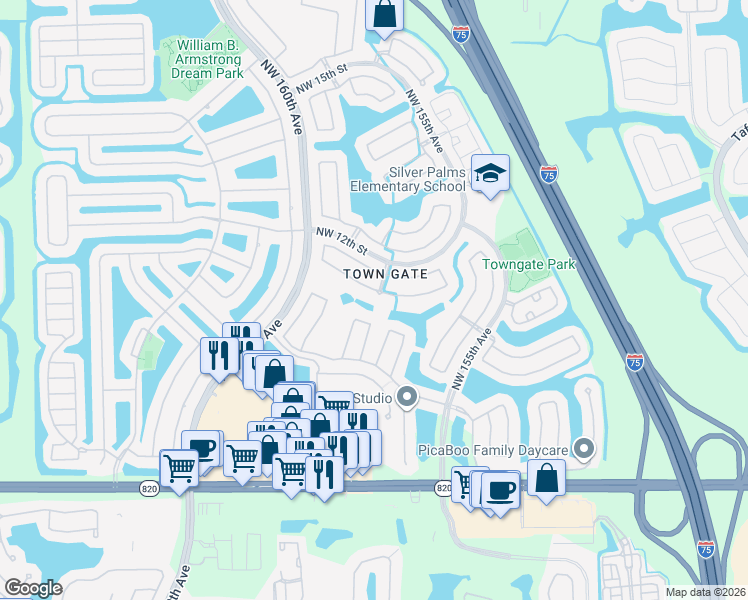 map of restaurants, bars, coffee shops, grocery stores, and more near 15810 Northwest 10th Street in Pembroke Pines