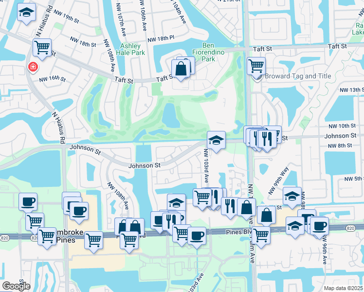 map of restaurants, bars, coffee shops, grocery stores, and more near 10362 Northwest 11th Street in Pembroke Pines