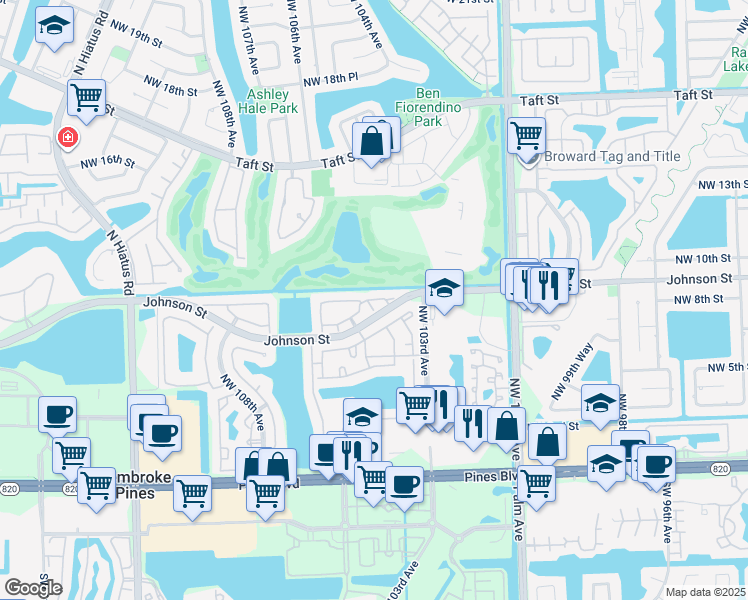 map of restaurants, bars, coffee shops, grocery stores, and more near 908 Northwest 104th Avenue in Hollywood