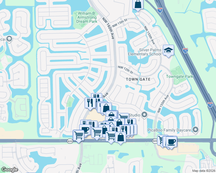 map of restaurants, bars, coffee shops, grocery stores, and more near 1039 Northwest 161st Avenue in Pembroke Pines