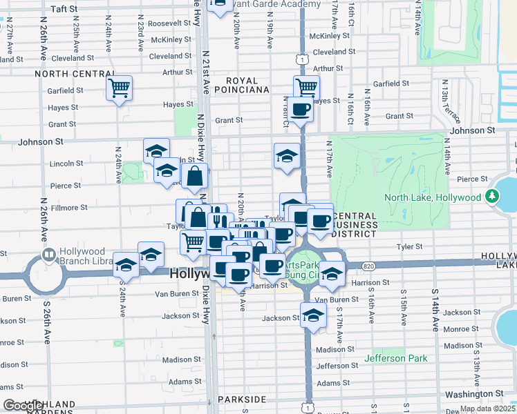 map of restaurants, bars, coffee shops, grocery stores, and more near 1947 Taylor Street in Hollywood