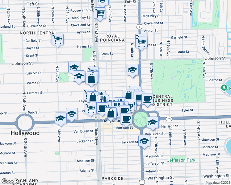 map of restaurants, bars, coffee shops, grocery stores, and more near 1947 Taylor Street in Hollywood