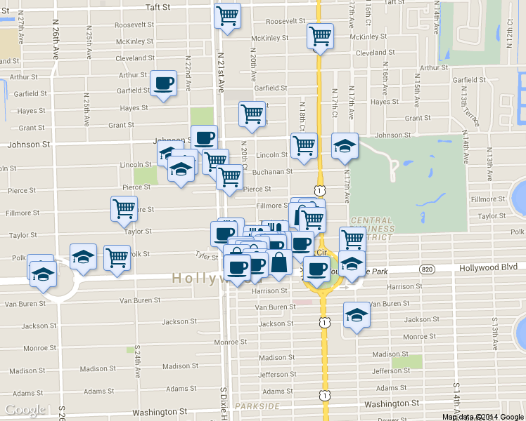 map of restaurants, bars, coffee shops, grocery stores, and more near 1947 Taylor Street in Hollywood