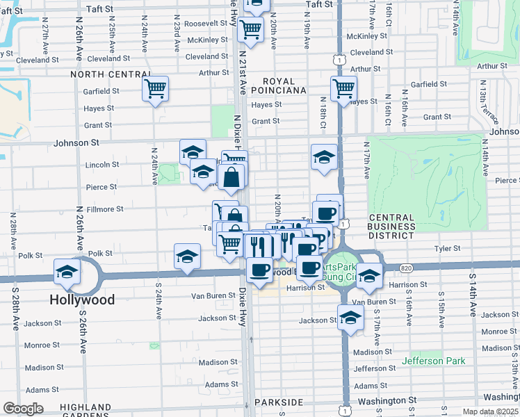 map of restaurants, bars, coffee shops, grocery stores, and more near 2029 Taylor Street in Hollywood