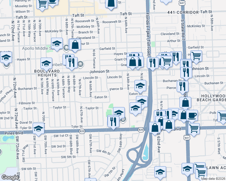 map of restaurants, bars, coffee shops, grocery stores, and more near 551 North 65th Avenue in Hollywood