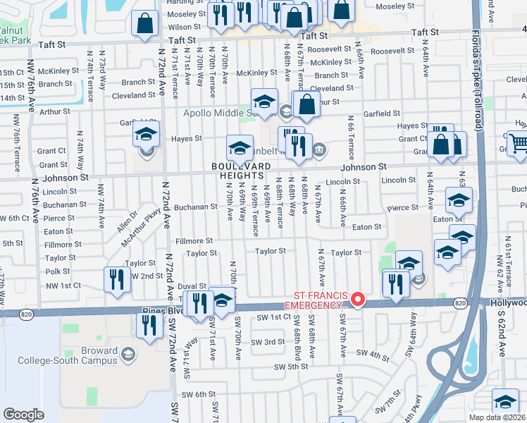 map of restaurants, bars, coffee shops, grocery stores, and more near 600 North 69th Avenue in Hollywood