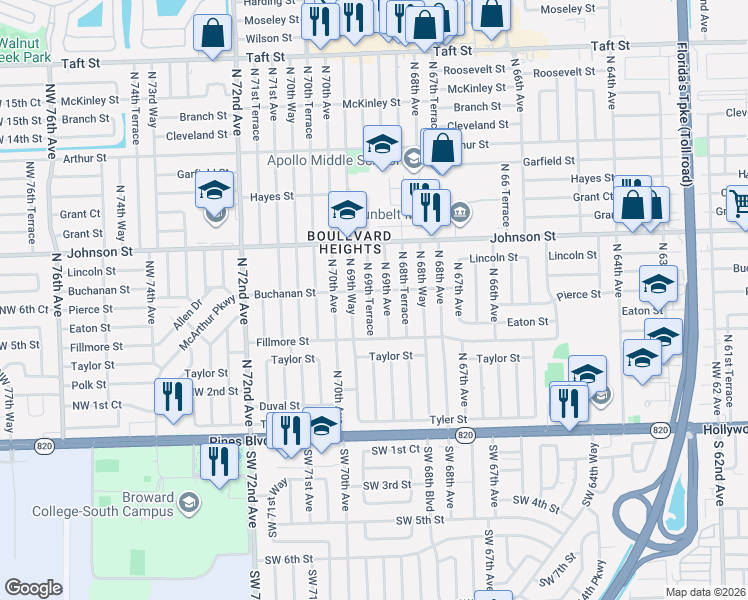 map of restaurants, bars, coffee shops, grocery stores, and more near 600 North 69th Avenue in Hollywood