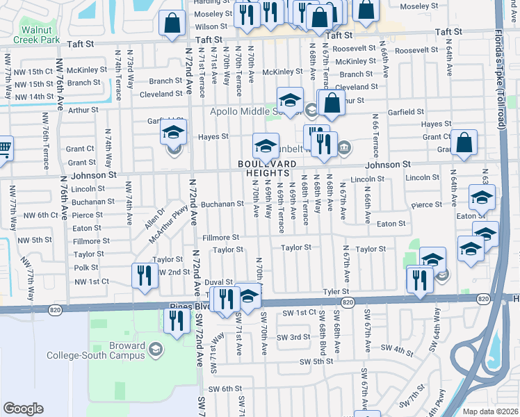 map of restaurants, bars, coffee shops, grocery stores, and more near 610 North 69th Way in Hollywood