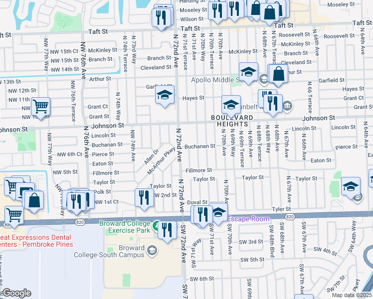 map of restaurants, bars, coffee shops, grocery stores, and more near 610 North 72nd Avenue in Hollywood