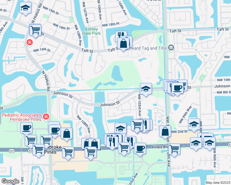 map of restaurants, bars, coffee shops, grocery stores, and more near 10549 Northwest 10th Street in Pembroke Pines
