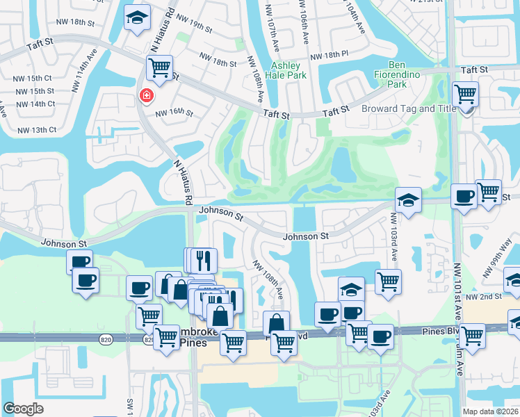 map of restaurants, bars, coffee shops, grocery stores, and more near 10740 Northwest 11th Street in Pembroke Pines