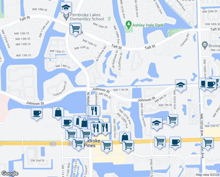 map of restaurants, bars, coffee shops, grocery stores, and more near 10835 Northwest 8th Street in Pembroke Pines