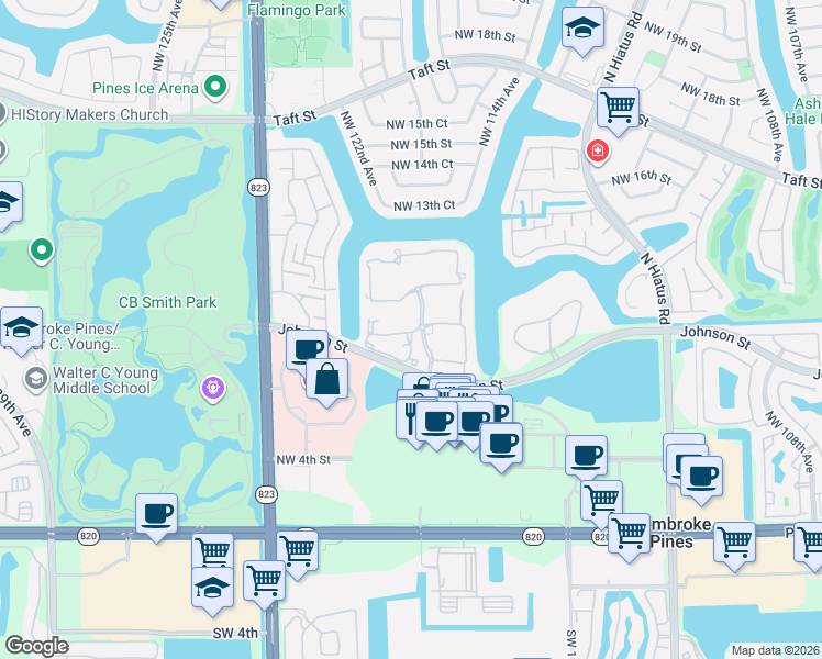 map of restaurants, bars, coffee shops, grocery stores, and more near 12008 Northwest 11th Street in Pembroke Pines