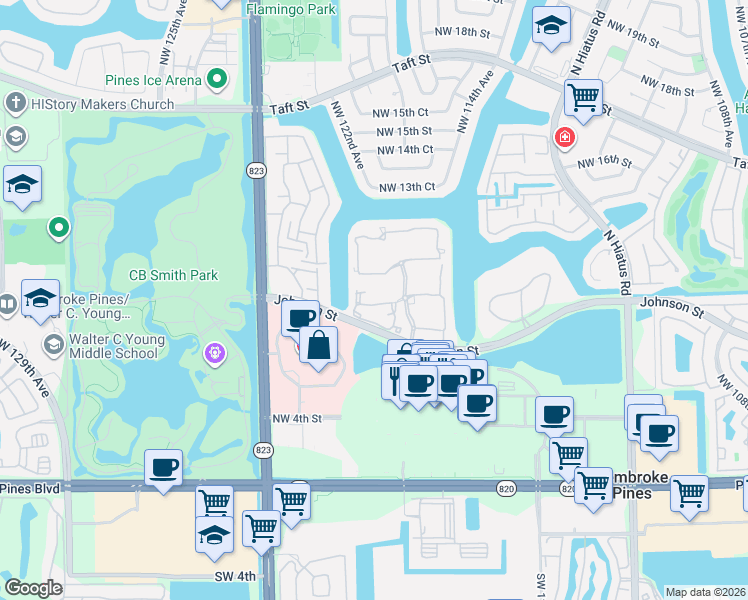 map of restaurants, bars, coffee shops, grocery stores, and more near 12008 Northwest 11th Street in Pembroke Pines