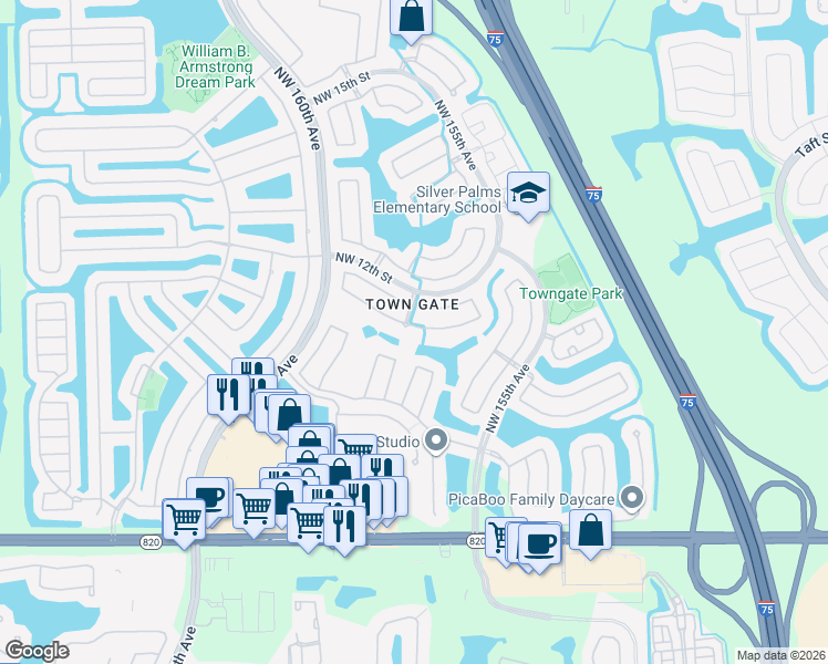 map of restaurants, bars, coffee shops, grocery stores, and more near 15788 Northwest 10th Street in Pembroke Pines
