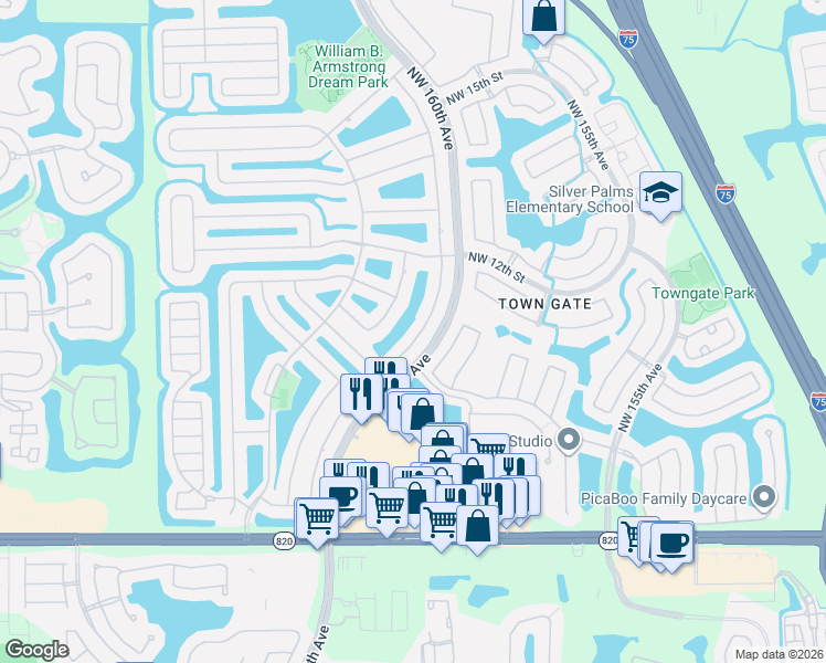 map of restaurants, bars, coffee shops, grocery stores, and more near 1039 Northwest 161st Avenue in Pembroke Pines
