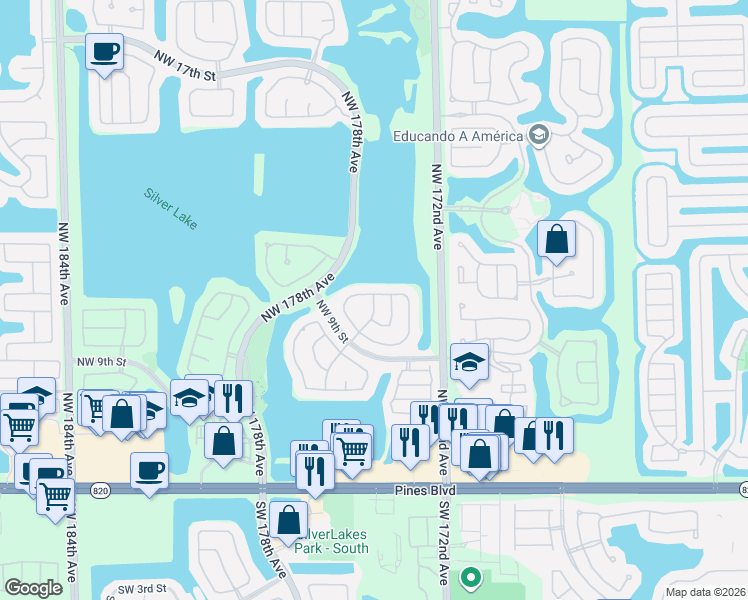 map of restaurants, bars, coffee shops, grocery stores, and more near 1142 Northwest 174th Avenue in Pembroke Pines