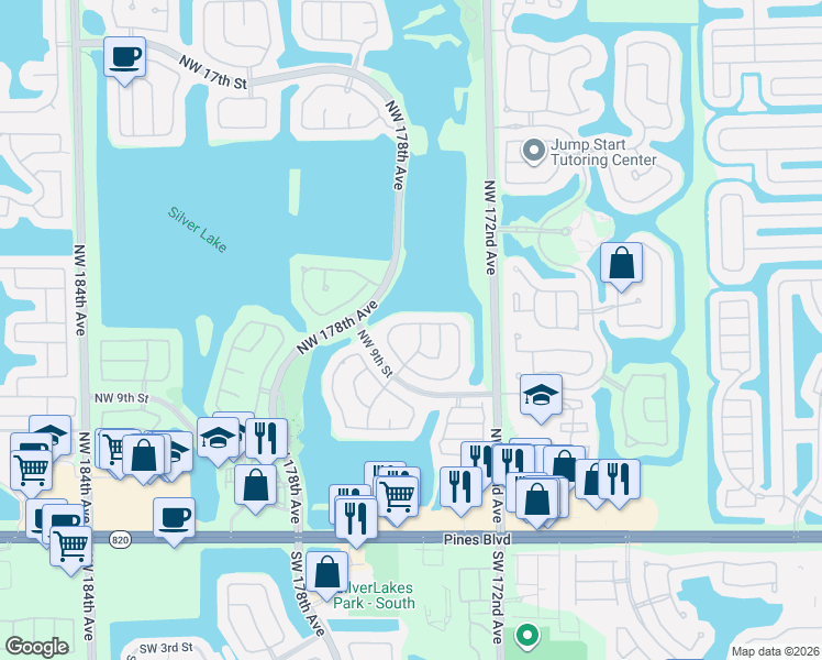 map of restaurants, bars, coffee shops, grocery stores, and more near 17543 Northwest 10th Street in Pembroke Pines