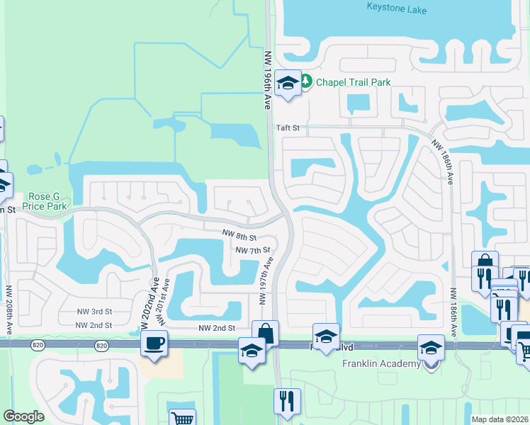 map of restaurants, bars, coffee shops, grocery stores, and more near 19720 Northwest 9th Drive in Pembroke Pines