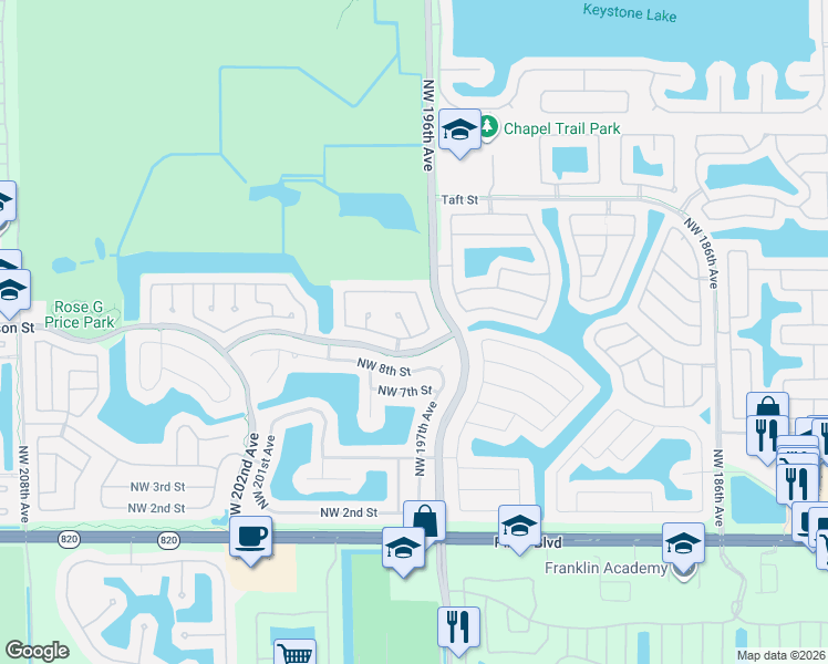 map of restaurants, bars, coffee shops, grocery stores, and more near 19810 Northwest 9th Drive in Pembroke Pines